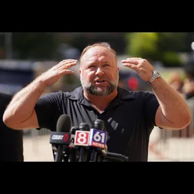 Alex Jones Speaks To The Media Outside The Sandy Hook Trial In Waterbury, Connecticut