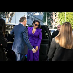 Megan Thee Stallion whose legal name is Megan Pete arrives at court to testify in the  trial of Rapper Tory Lanez for allegedly shooting her