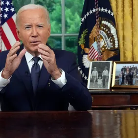 President Biden Addresses The Nation From The White House Oval Office