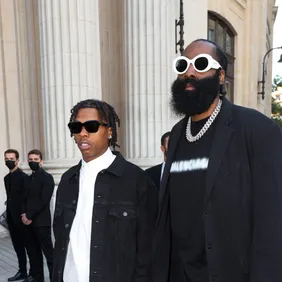 Celebrity Sightings In Paris - July 7, 2021 PARIS, FRANCE - JULY 07: Lil Baby and James Harden are seen arriving at a Balenciaga dinner at the Bourse De Commerce Pinault Collection on July 07, 2021 in Paris, France. (Photo by Pierre Suu/GC Images)