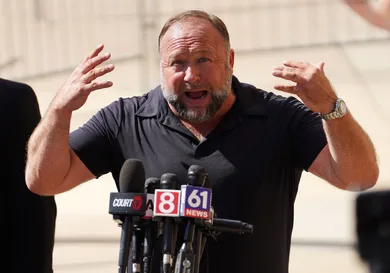 Alex Jones Speaks To The Media Outside The Sandy Hook Trial In Waterbury, Connecticut