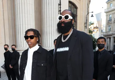 Celebrity Sightings In Paris - July 7, 2021 PARIS, FRANCE - JULY 07: Lil Baby and James Harden are seen arriving at a Balenciaga dinner at the Bourse De Commerce Pinault Collection on July 07, 2021 in Paris, France. (Photo by Pierre Suu/GC Images)