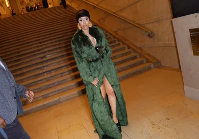 Cardi B Glows In First Public Sighting With Bougie Gold Dress At Paris Fashion Week