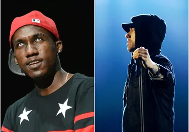 Hopsin via Scott Dudelson/Getty Images, Eminem via Dave J Hogan/Getty Images for MTV